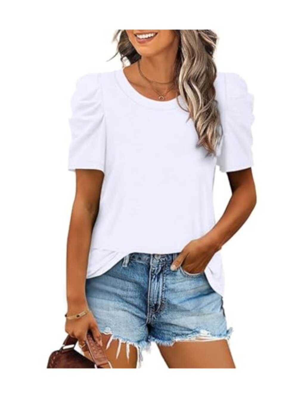 Puff Sleeve Tunic Top Women Crew Neck Relaxed Fit Summer T-Shirt